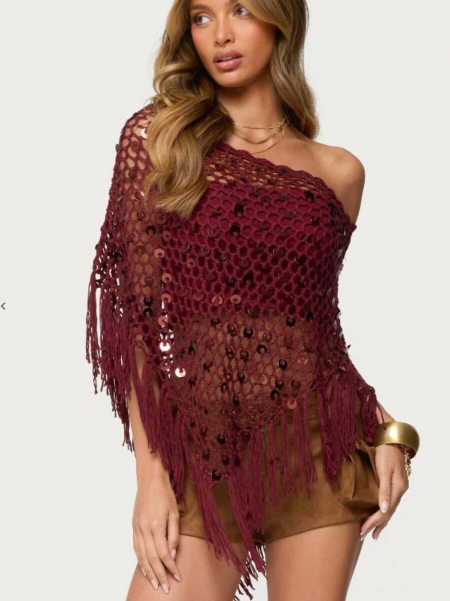 Sequin Crochet Cover Up For Women Hollowed Tassel Off Shoulder Knitted Poncho  Coverup Tops - Màu Đỏ Sâu - Xem 1
