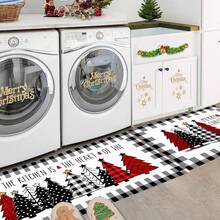 1 pièce Tapis de cuisine, de porte, de salle de bain, de chambre à coucher, de salle à manger, décoration de maison, décoration de fête, décoration de Noël, en matériau imitation cachemire doux avec motif d'arbre de Noël sur fond à carreaux noirs et gris, avec support en TPR, pour la décoration de Noël