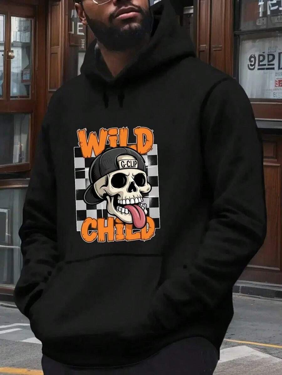Men's & Youth Wild Gothic Lettering & Skull Graphic Hooded Sweatshirt - Black With Orange Print Fleece Pullover, Long Sleeve Casual Winter Warmth, Edgy Streetwear & Men, Halloween Outfits,Fall Hoodies,Men's Fall Clothes,Street Wear,Halloween,Mens Hoodies,Y2k Clothes,Jesus Hoodie,Thanksgiving Day,Nightmare Before Christmas,Christmas - Black - View 1