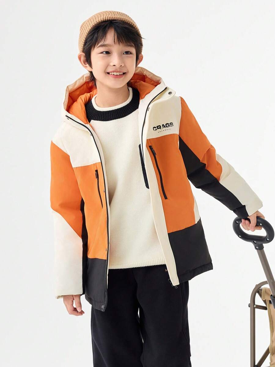 Balabala Boys Winter Down Jacket, Thick & Warm, Colorblock Design, Comfortable - Red Hue - View 1