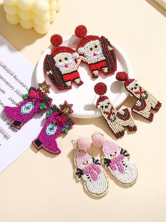1pc Handmade Glass Beaded Earrings, Christmas Decoration Accessory Suitable For Holidays