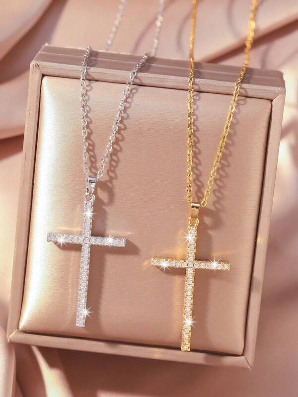 1pc Luxury Sparkling Zirconia Inlaid Cross Pendant Necklace, Stainless Steel Vintage Choker Necklace, Elegant Fashion Accessory, Women's Gold Necklace For Daily Wear Or Gift