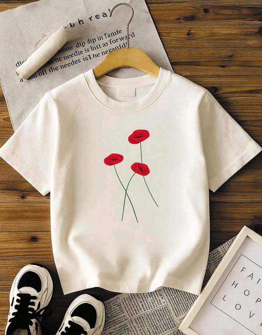 Camiseta de manga corta con estampado de ROSAS de cuello redondo, playeras para mujer, blusas gráficas para mujer - Blanco - Ver 1
