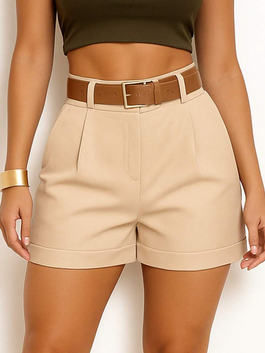Women's Tailored Shorts, High Waist, Simple, Pocket, Belt, Zipper - Màu be - Xem 1