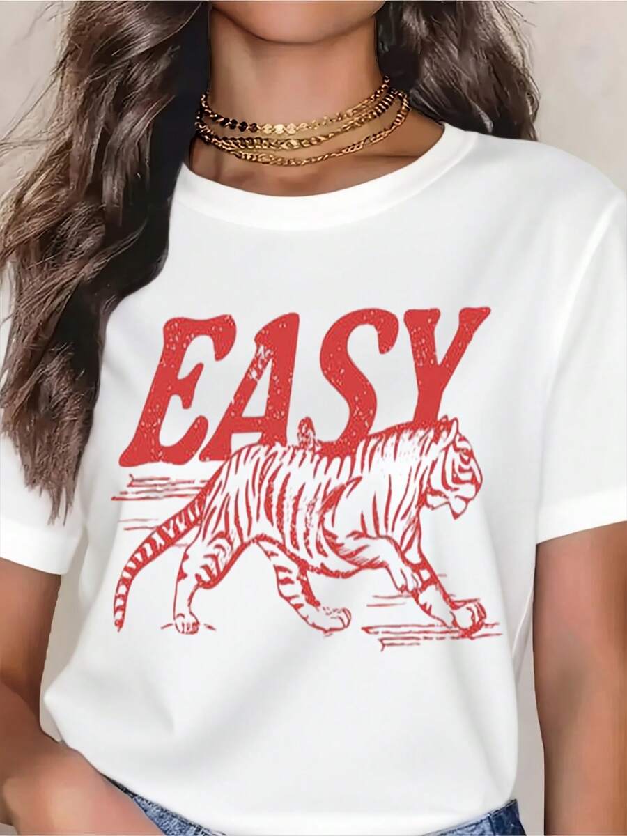 EASY Tiger Women's T-Shirt,Women's Graphic Tee Casual Short Sleeve Round Neck Top, Machine Washable Fall/Wenter Women's T-Shirts - 白色 - 查看 1