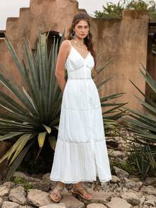 Faeriesty BohoBloom Women's Bohemian Style Spaghetti Strap Lace Trim A-Line Dress, Suitable For Daily Outings, Beach Vacations, Festivals, Weekend Getaways, And Country Walks - White - View 6