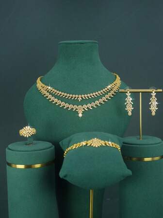 5pcs 18K Gold Plated Bridal Wedding Jewelry Set, Handcrafted With White Cubic Zirconia, Including Necklace, Bracelet, Earrings, Ring, Suitable For Daily Wear And Wedding Ceremony, Wedding Anniversary Gift, Comes With Gold Gift Box