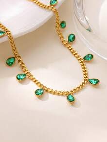 1 Peça Colar de Borla com Zircônia em Gota de Água Luxuoso para Mulheres e Meninas, Colar Gargantilha Feminino com Pingente em Forma de Lágrima, Borboleta e Coração, Banhado a Ouro 18k, Aço Inoxidável, Presente de Joias - 1 - Visão 2