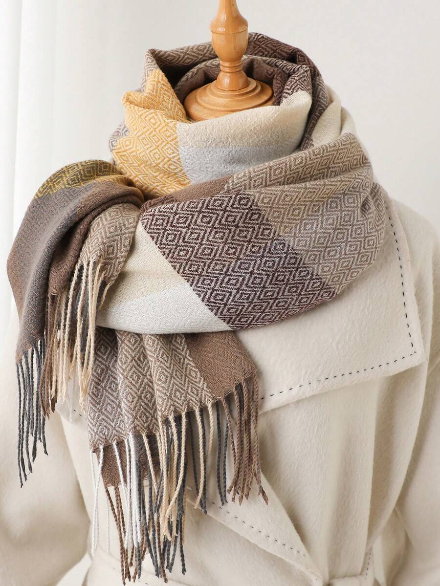 1pc Fall Winter Women Elegant Vintage Multi Color Plaid Stripe Jacquard Faux Cashmere Scarf/Shawl,With Tassels,Unisex Winter Warm Casual Thick Style Neck Scarf For Dress