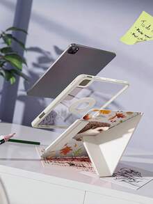 秋季元素刺猬图案Y型折叠多角度可折叠磁吸平板电脑保护套，iPad第十代10.9英寸平板电脑保护套，iPad mini 6/13英寸/12.9英寸带睡眠唤醒功能，笔槽，3+Y型折叠，多角度支撑平板电脑，面罩可磁吸吸附于屏幕，透明亚克力后盖，简约大方时尚 - 白色 - 查看 3