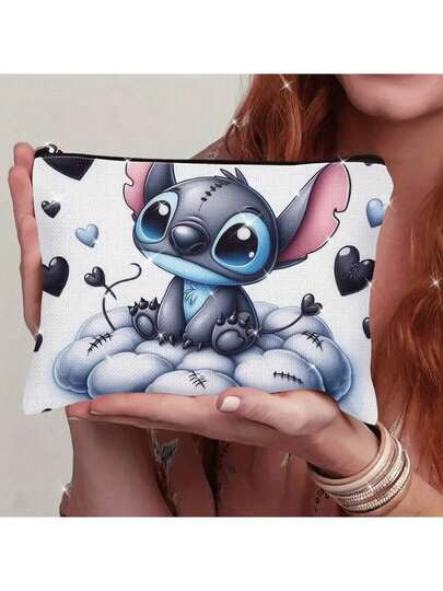 Sac de maquillage mignon et spacieux avec motif de dessin animé Stitch, sac de voyage portable épais et coloré avec design en forme de cœur, sans parfum, unisexe adulte, impression aléatoire. Sac de voyage au design ludique avec fermeture éclair durable.
