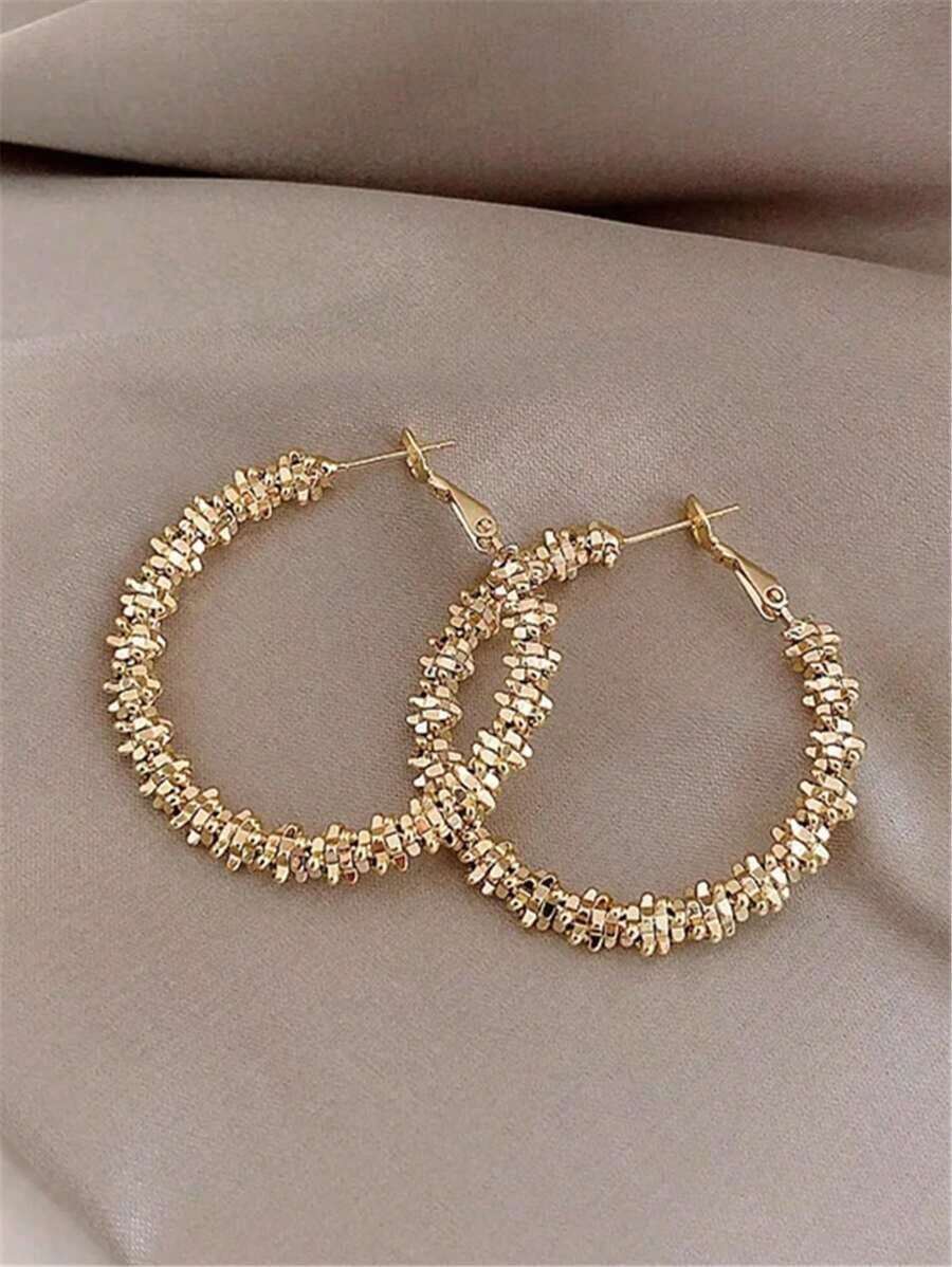 2pcs Fashionable Large Circle European And American Style Earrings, 2024 New Design, Korean High-Quality Ear Hoop Jewelry Accessories - Gold - View 1