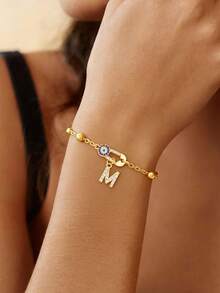 1pc New Fashion Pave Zirconia Eye Paper Clip Initial Gold Color Stainless Steel Bead Chain Bracelet For Women