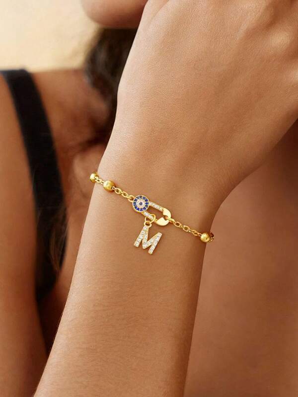 1pc New Fashion Pave Zirconia Eye Paper Clip Initial Gold Color Stainless Steel Bead Chain Bracelet For Women
