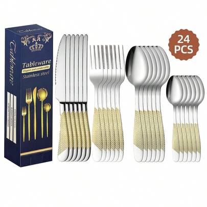 Bộ dao kéo họa tiết ngôi sao bằng thép không gỉ 24 món, bao gồm dao bít tết, nĩa ăn tối, thìa, thìa tráng miệng, thích hợp cho các buổi họp mặt gia đình, lễ hội, nhà hàng sang trọng hoặc làm quà tặng thanh lịch, bộ dụng cụ ăn uống phương Tây