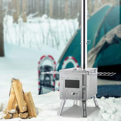 Estufa de leña, 86 pulgadas, estufa de tienda de campaña de acero inoxidable, estufa de leña portátil con tubos de chimenea y guantes, estufa de tienda de campaña caliente Firebox de 3000 in³ para cocinar y calentar al aire libre con 8 tubos