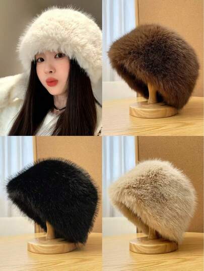 New Fashionable Personalized High-Quality Unisex Faux Fur Earmuffs Hat, Autumn/Winter Japanese Style Large Head Circumference Thick Warm Windproof Bucket Hat, Flattering
