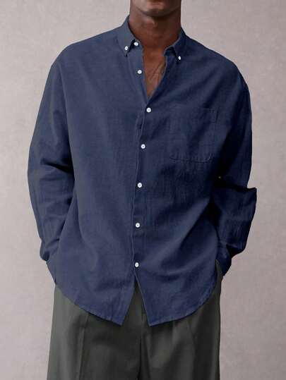 Open Phase חולצה ארוכת שרוולים בסגנון וינטג' לגברים, אסתטיקה קלאסית, 100% כותנה עם תחושה דמוית פשתן, צבע אחיד, מותאמת למחצה, נוחה, ידידותית לעור, אלגנטית, קז'ואל, סגנון רב-תכליתי, סתיו, אביב עד קיץ