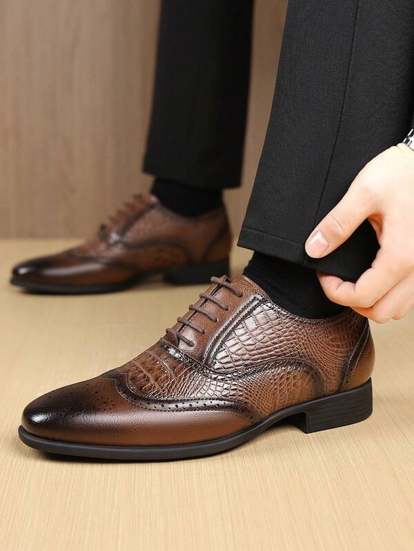 Scarpe Oxford da uomo con motivo a brogue, punta quadrata con motivo a coccodrillo in due tonalità, lavorazione artigianale
