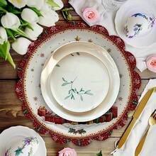 1/4 piezas Manteles individuales redondos de lino, con estampado de árbol de Navidad, copos de nieve, regalos, adecuados para decoración de cocina y comedor