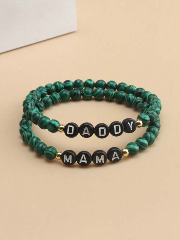 1 Piece Malachite Beads With Dad/Mom Letter Elastic Cord Beaded Bracelet, Father's Day, Mother's Day Gift