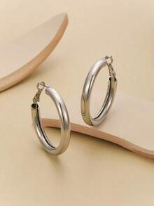 1pair Ladies' Gold-Color Circle Tube C Shape Hoop Earrings - Vàng - Xem 8