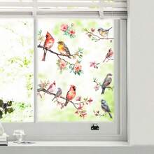 Pegatina de ventana con diseño de rama de árbol, flor y pájaro pintados, patrón floral y de pájaros, desechable, adecuada para superficies de vidrio, metal y cerámica, aplicable para el hogar y la sala de estar