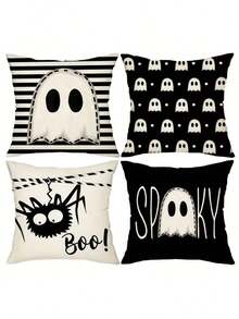 4pcs/1pc Halloween Party Decoration Pillow Cover, Ghost And Spider Web Design, 18*18 Inches Soft Polyester With Zipper Closure, Suitable For Living Room, Room, Sofa And Bedroom (Filling Not Included) Perfect For Halloween Decor, Halloween Decorations, Fall Decor