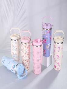Copo Térmico Floral Genérico 900ml Inox Quente Frio - Azul bebê - Visão 2