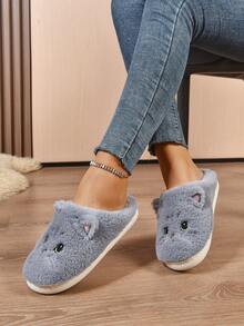 女士秋冬防滑毛绒拖鞋，可爱卡通猫咪设计，保暖厚底室内拖鞋，浅灰色，趣味拖鞋 - 淺灰色 - 查看 4