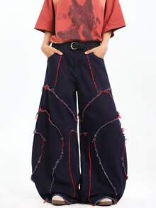 1pc Japanese Style Patchwork Embroidered Frayed Hem Wide Leg Jeans, Men's Personalized Streetwear Distressed Relaxed Fit Long Pants (Belt And Accessories Not Included) - Blue - View 4