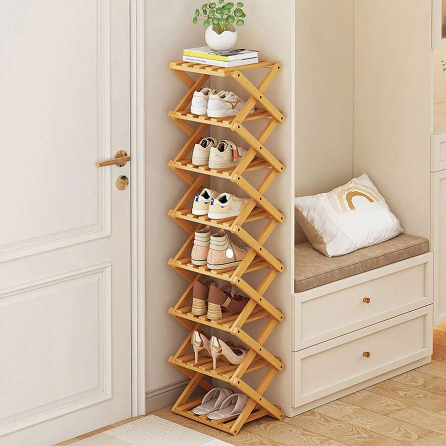 8-Tier Bamboo Shoe Rack Vertical Foldable Shoe Organizer Rack For Entryway Hallway - Maple - View 1