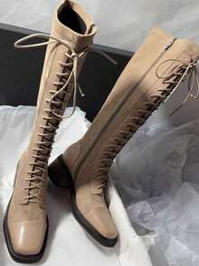 Fall/Winter 2025 New Lace-Up Thigh High Boots, Square Toe Chunky Heel, Slim Fit Side Zipper Patchwork Leg Boots - Apricot - View 3