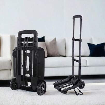 1pc, Black Portable Trolley, Aluminium Alloy Tie Rod, With 2 Elastic Ropes, And Two Side Hooks, Folding Telescopic Pull Cargo Carriage, Convenient Trolley For Buying Food, Moving Freight, Camping Travel Essentials, Reinforced High Quality 2 Wheels