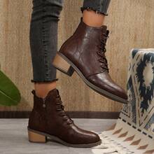 Botas femininas de cano curto, novas botas marrons de outono/inverno, botas de sola grossa, zíper e cadarço, botas estilo britânico, botas da moda para mulheres