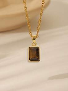 1 pieza Collar con colgante de acero inoxidable con gema vintage marrón, colgante geométrico rectangular ovalado de ojo de tigre, cadena de clavícula adecuada para uso diario y festivales o como regalo de joyería para mujeres - Marrón - Ver 8