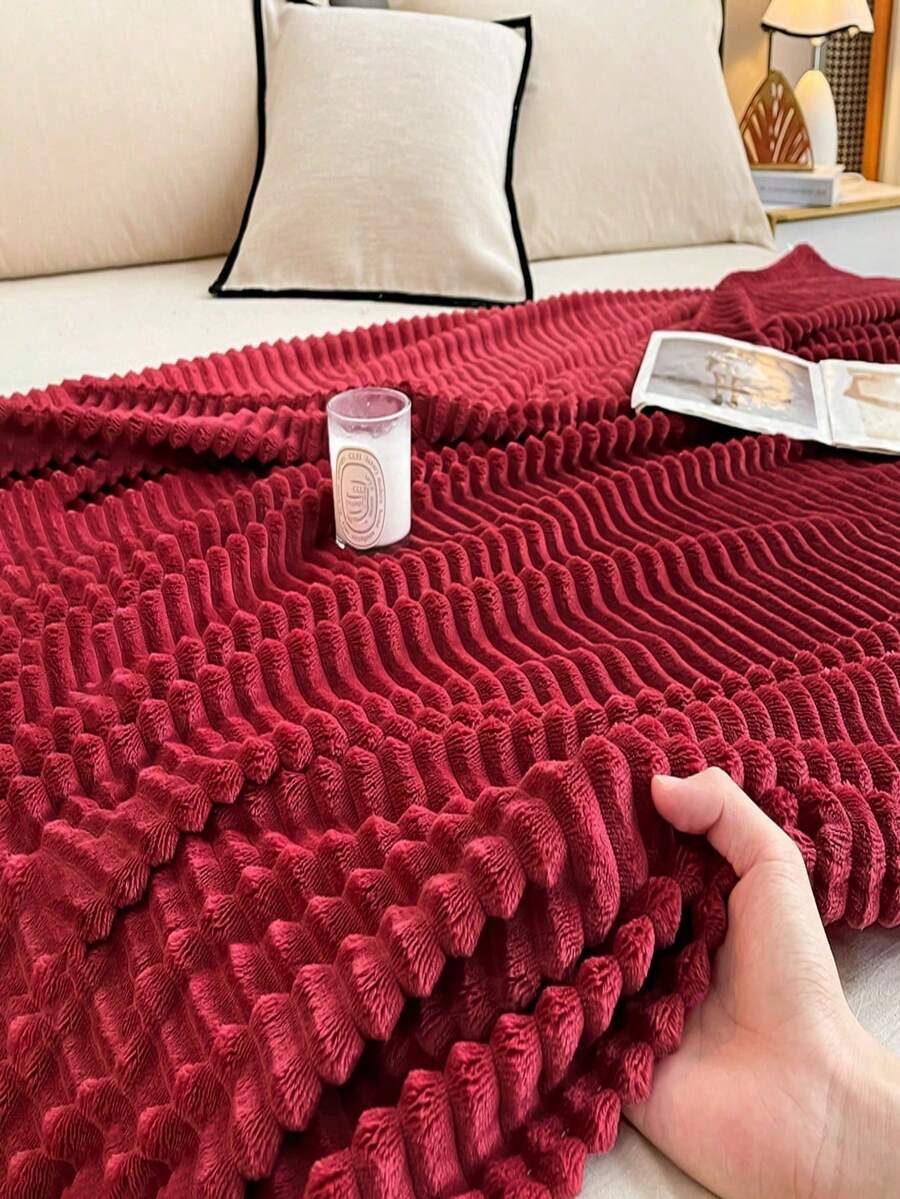 1 件酒红色条纹柔软舒适羊毛毯，亲肤，适合卧室和客房 - 紅色 - 查看 1