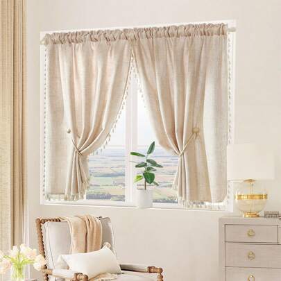 1 stuk beige imitatielinnen-achtig kort gordijn, Japanse minimalistische stijl met kwastjes, scheidingsgordijn/koffiegordijn, geschikt voor raam-, kast- en deurdecoratie