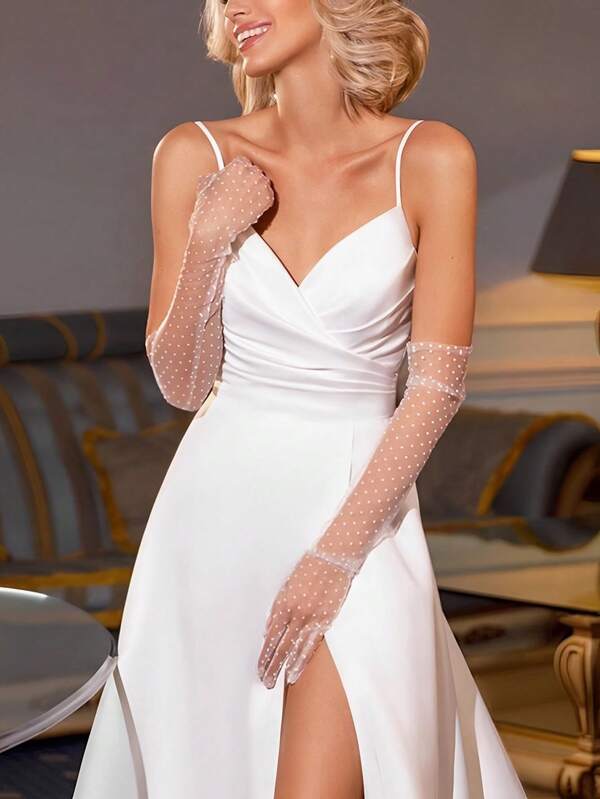 1 Pair Polka Dot Mesh Bridal Long Gloves, Wedding Party Gown Accessory, Business Event Lace Gloves, Fashionable Bridal Wedding Gloves