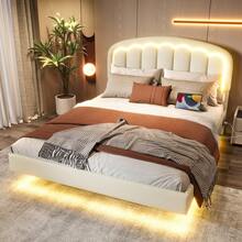 140*200cm/160*200cm, struttura letto moderna bianca con design sospeso, testiera a petalo e pratico spazio di archiviazione, illuminazione a LED e porta USB TYPE-C, elegante e confortevole.