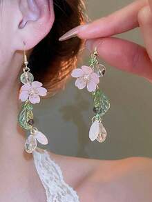 2pcs Pink Floral Waterdrop Long Tassel Dangle Earrings | Romantic Elegant Feminine Jewelry | Perfect For Holiday Casual Daily Wear - 彩色 - 查看 3