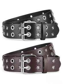 Cinturón de cintura con doble hebilla de remache con estrella vintage para niños y adolescentes, accesorio de ropa con hebilla de aguja fina de PU, cinturón de decoración de jeans de estilo callejero de alta gama para niña