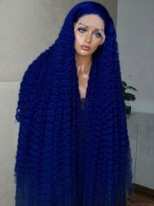 Blue Deep Wave Lace Front Wigs Human Hair 13x6 HD Transparent Lace Frontal Wigs For Women 250 Density Deep Curly Colored Glueless Wigs Human Hair Pre Plucked With Baby Hair For Daily Party Cosplay Use - 藍色 - 查看 1