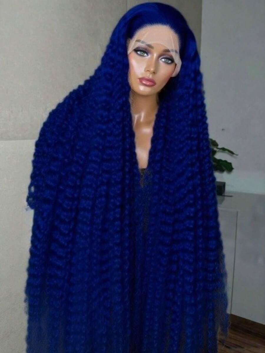 Blue Deep Wave Lace Front Wigs Human Hair 13x6 HD Transparent Lace Frontal Wigs For Women 250 Density Deep Curly Colored Glueless Wigs Human Hair Pre Plucked With Baby Hair For Daily Party Cosplay Use - 藍色 - 查看 1