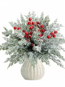 30pcs Christmas Artificial Snow Pine Branches With Red Berries, Faux Norfolk Pine Needles, For DIY Crafts, Wreaths, Home Decor, And Christmas Tree Ornaments, Tabletop Plastic Greenery For Fall, Winter, And Holiday Arrangements Garland Home Decor Christmas Decorations Room Decor