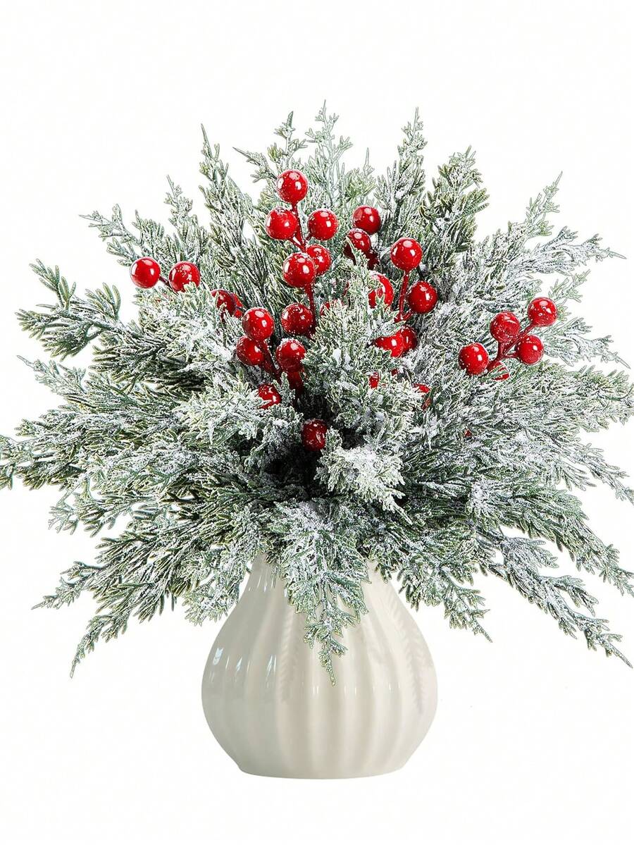 30pcs Christmas Artificial Snow Pine Branches With Red Berries, Faux Norfolk Pine Needles, For DIY Crafts, Wreaths, Home Decor, And Christmas Tree Ornaments, Tabletop Plastic Greenery For Fall, Winter, And Holiday Arrangements Garland Home Decor Christmas Decorations Room Decor
