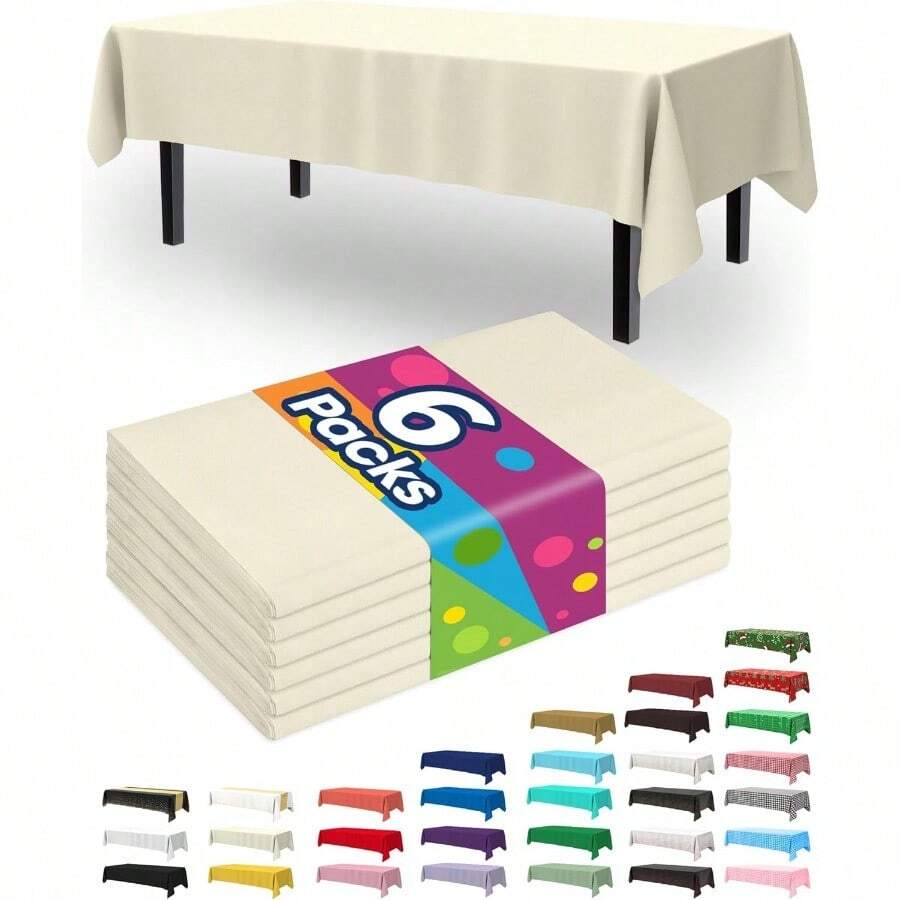 Plastic Table Cloth  6 Pack 54 X 108 Inch Table Cloths Party Wedding Thanksgiving Decorations Fall Tablecloths Rec Beige Plastic Cover Waterproof Cream Ivory - 象牙色+54吋 X 108吋長方形 - 查看 1
