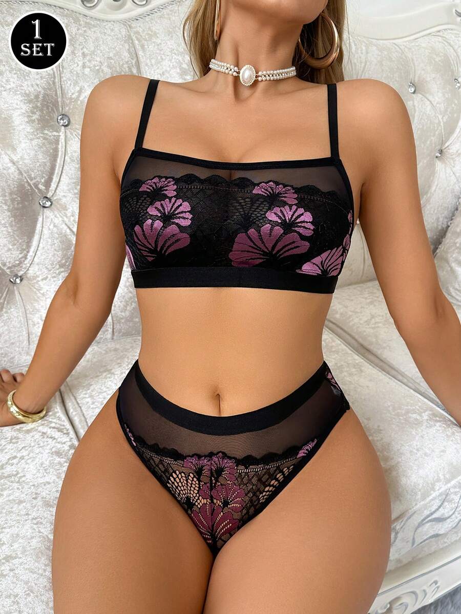 Mature & Charming Women's Lingerie Set - Elegant Romantic, Pastoral Romantic, French Nylon Wireless Unpadded Push-Up Bra With Sexy Mesh, Contrast Lace Embroidery Patchwork Bra And Panty - Black - View 1