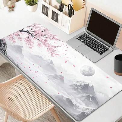 Extra Large Snowy Mountain & Cherry Blossom Mouse Pad, Washable, Non-Slip Rubber Base, Stitched Edge, Gift Mouse Pad, Desk Protector, Study Pad, Multiple Sizes Available, Computer Keyboard Pad, Laptop Pad, Office Desk Accessory, Stationery, Office Supplies