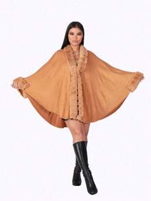 1件女士仿貂毛领流苏防风保暖披肩斗篷，时尚奢华，适合宴会、郊游、旅行以及各种聚会、派对和节日等场合穿着。 - 多色四季披肩 - 查看 7